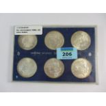 Six USA Morgan silver dollars 1880, 1881, 1882, 1887, 1888,