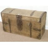 Large 19th century metal bound oak dome top travelling trunk, W120cm,