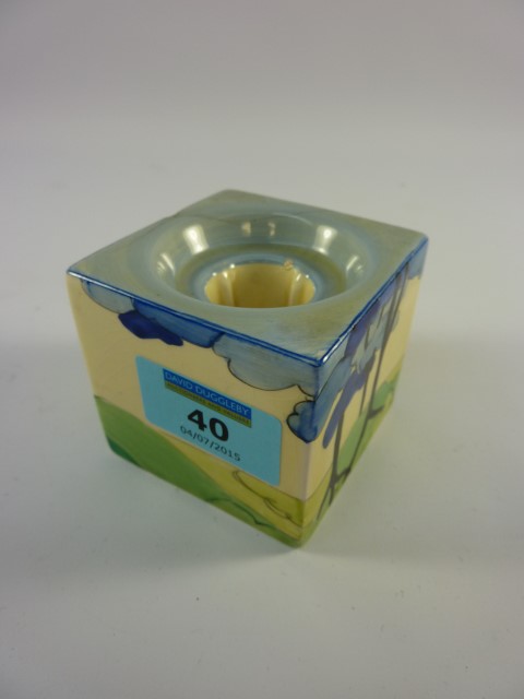 Clarice Cliff Bizarre `Blue Firs` cube candlestick H6cm  
 Condition Report Thumb nail chip to one