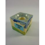 Clarice Cliff Bizarre `Blue Firs` cube candlestick H6cm  
 Condition Report Thumb nail chip to one