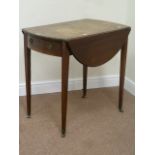 George III mahogany oval drop leaf Pembroke table fitted with single drawer,