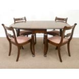 Reproduction mahogany drop leaf dining table and four Regency style chairs, W92cm x 42cm,
