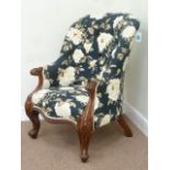 William IV carved mahogany armchair in blue and cream flower pattern cover