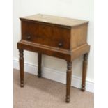 Early 19th century figured walnut work box on stand with hinged top, W56cm,