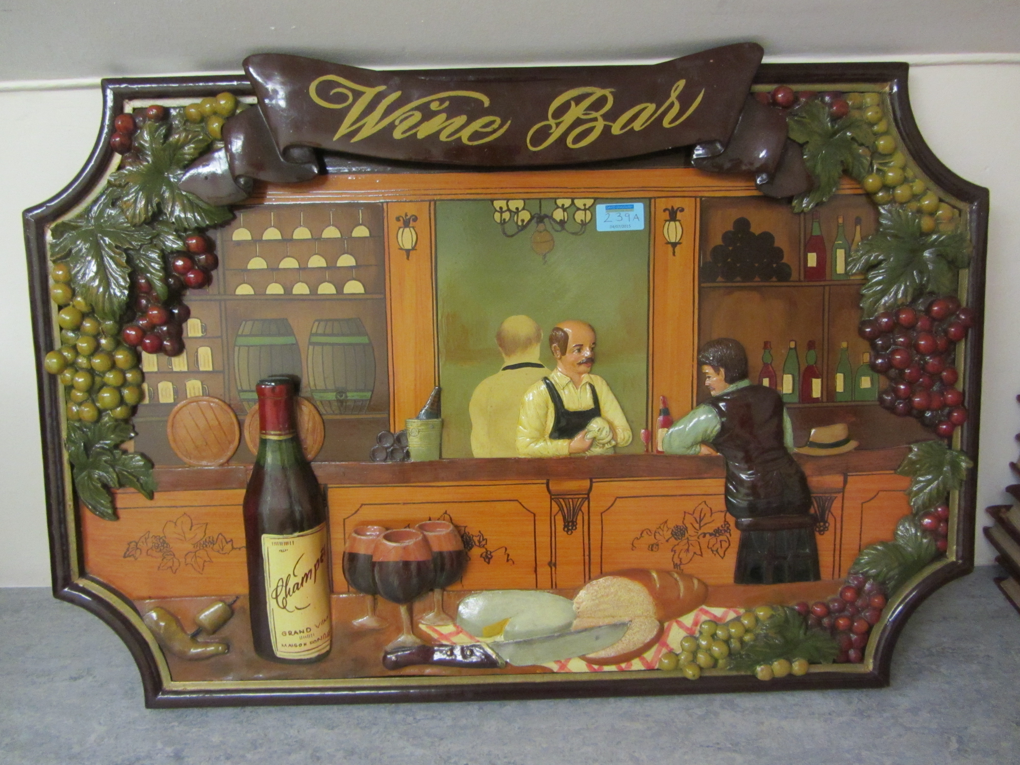 'Wine Bar' carved wood wall plaque,