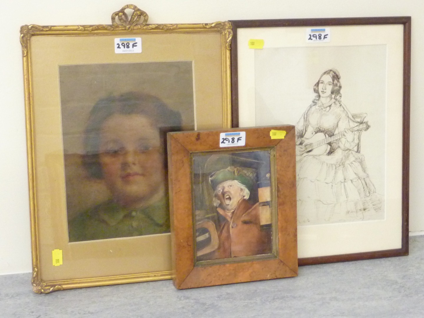 Town Crier, 19th/20th century watercolour in birds eye maple frame; Bust Portrait of a girl,