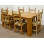 Solid oak rectangular dining table (180cm x 96cm) and six beech chairs with rush seats