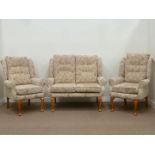 Two seat wing back sofa (W127cm) and pair matching armchairs in beige chenille cover