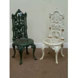 Pair ornate cast iron garden chairs,
