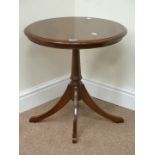 Reproduction figured mahogany and crossbanded circular tripod table, D54cm,