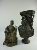 Bronzed figure of King John signing the Magna Carta H21cm and a bust of a Roman god H31cm