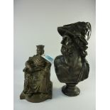 Bronzed figure of King John signing the Magna Carta H21cm and a bust of a Roman god H31cm