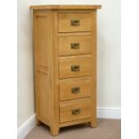 Narrow light oak five drawer pedestal chest,