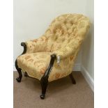 Victorian carved mahogany armchair upholstered in pale gold patterned fabric,