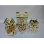 Victorian Staffordshire flatback model of a castle H22cm and five other cottage models (6)