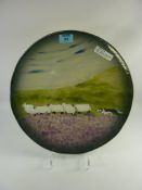 Eskdale Studio Whitby circular platter painted with flock of sheep and sheepdog D35cm - with stand