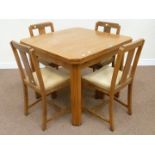 Early 20th century Art Deco vintage oak drawer leaf dining table and four chairs,