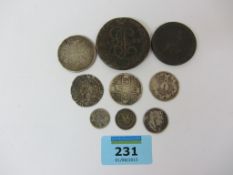 Coins - Elizabeth 1 silver sixpence 1585, Catherine II copper  five kopek piece,