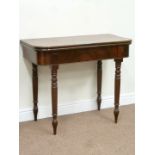 19th century mahogany tea table, foldover swivel top, W92cm, D45cm,