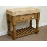 Traditional pine kitchen dresser fitted with 'butchers block top', single drawer and potboard base,