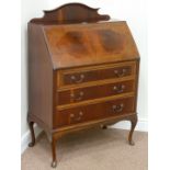 Early 20th century mahogany fall front, three drawer bureau with fitted interior, W76cm,