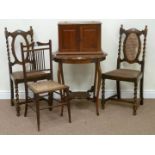 Early 20th century circular mahogany centre table with undertier, pair oak barely twist chairs,