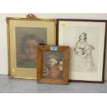 Town Crier, 19th/20th century watercolour in birds eye maple frame; Bust Portrait of a girl,