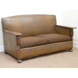 Early 20th century oak framed two seat upholstered sofa,