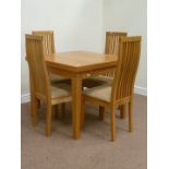 Light oak drawer leaf extending dining table (90cm x 90cm) and four chairs