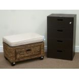 Rattan footstool with drawer and upholstered top and a leather finish four drawer chest (2)