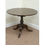 Georgian mahogany pedestal table, circular snap box top, on carved tripod base, D90cm,