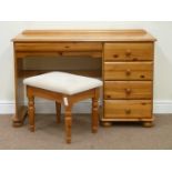 Pine single pedestal dressing table fitted with five drawers with stool,