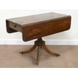 Regency mahogany drop leaf supper table on pedestal base, two frieze drawers,