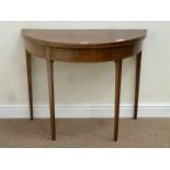 Early 19th century mahogany demi-lune card table, fold over baize lined top with gate leg action,