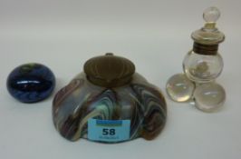 Continental Art Nouveau period iridescent glass inkwell dia. approx 12cm, another inkwell and a