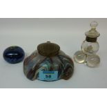 Continental Art Nouveau period iridescent glass inkwell dia. approx 12cm, another inkwell and a