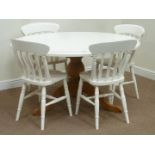 Oval painted pine circular pedestal table (140cm x 120cm) and four farmhouse chairs