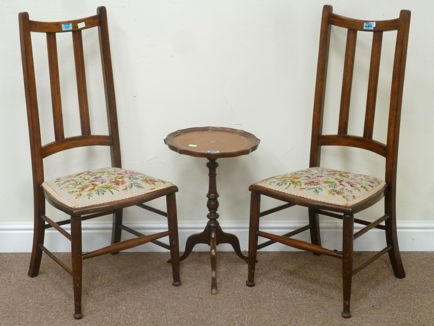 Pair Edwardian inlaid mahogany bedroom chairs with needlework seats and a mahogany wine table (3)