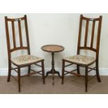 Pair Edwardian inlaid mahogany bedroom chairs with needlework seats and a mahogany wine table (3)