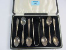 Set of six hallmarked silver teaspoons and matching sugar nips cased