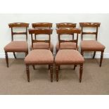 Set six early Victorian mahogany dining chairs with carved back rail and upholstered seats