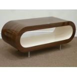 Retro walnut and cream oval coffee table,