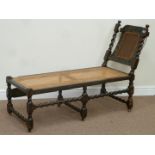 19th century carved stained beech day bed lounger with adjustable back rest, cane seat,