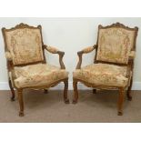 Pair late 19th century French walnut armchairs, tapestry upholstered seats backs and arms,