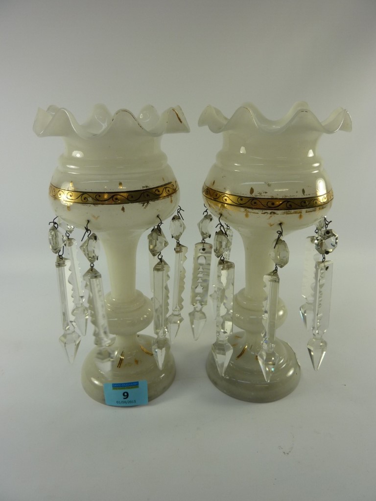 Pair Victorian opaque lustres with clear glass drops 24cm Condition Report No chips or cracks,