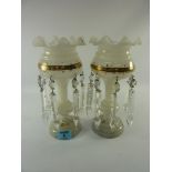 Pair Victorian opaque lustres with clear glass drops 24cm Condition Report No chips or cracks,