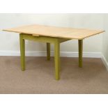 Maple wood square top drawer leaf table on tapered leg base,