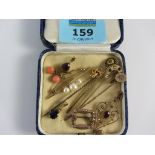 Pearl brooch hallmarked 9ct and others , Edwardian stick pin stamped 9ct and others,