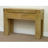 Solid light oak side table fitted with two drawers,