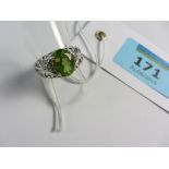 Peridot approx 2 carat and diamond filigree white gold ring hallmarked 18ct